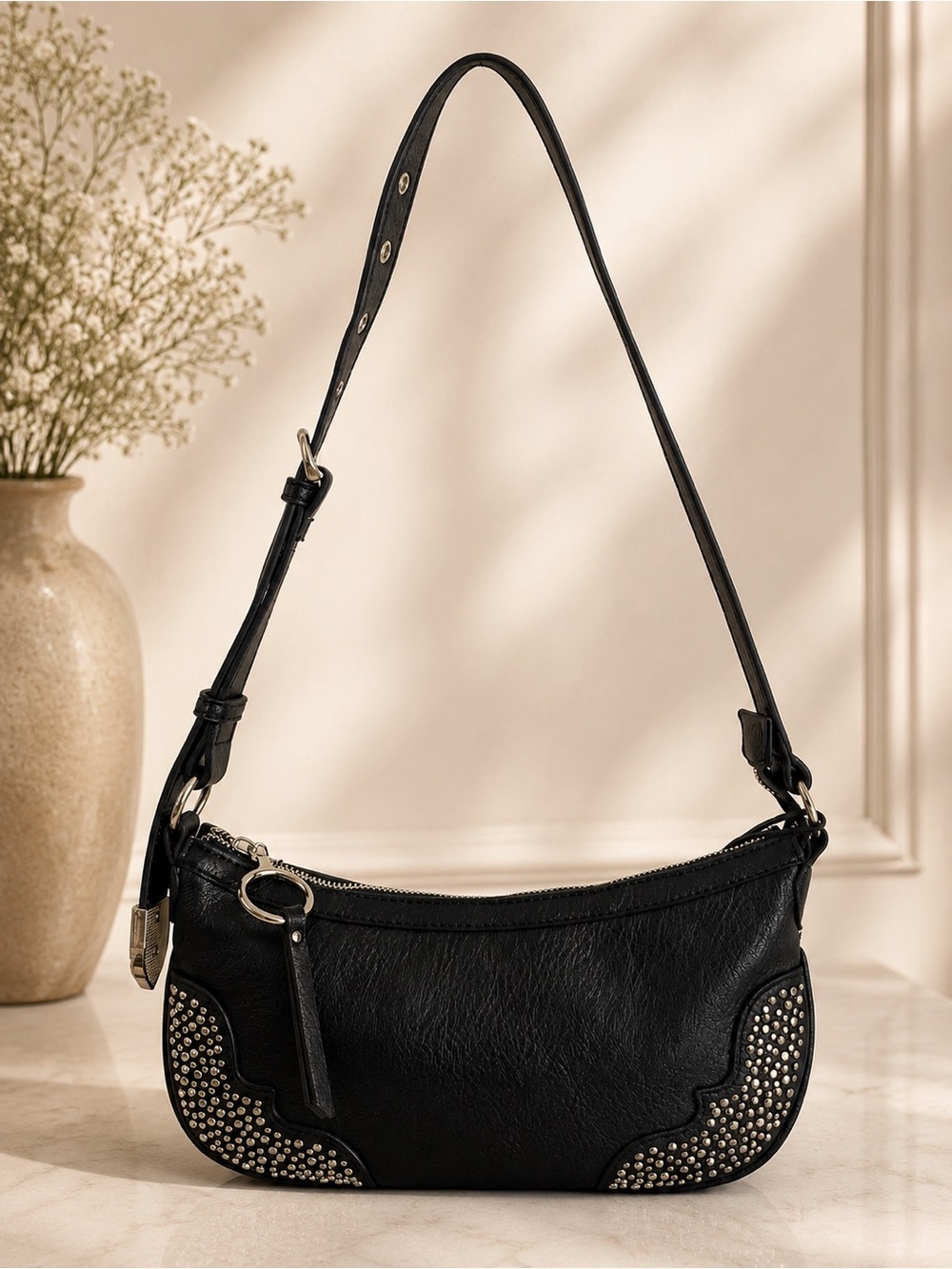 NWT Jessica Simpson Black Studded Faux Leather Shoulder Bag Y2K Baguette Purse